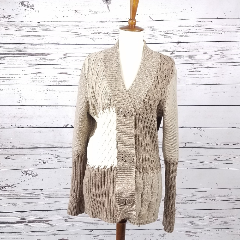 Liz & Co Beige Cream Patchwork Cardigan Sweater L